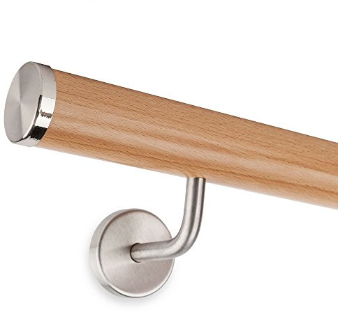 Handlauf Set Holz Buche 45mm inkl. Edelstahlkappen und 2 Haltern (195 cm)