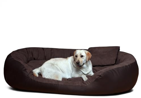 tierlando® Philip VIP Hundebett aus edlem Velours-Kunstleder-Mix mit bequemer Wendematratze, pflegeleichtem Bezug und Stabiler Polsterung Größe: 110x80cm | Farbe: 01 Braun