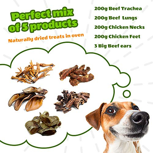 rinderlunge für Hunde leckerli rinderohren getrocknet kaninchenohren rinderkopfhaut hühnerfüße Huhn (5 Mix Pack)