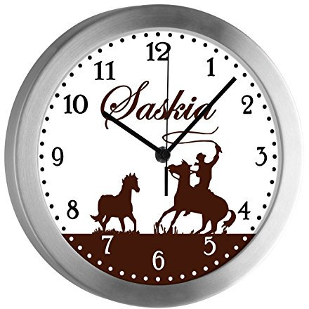 CreaDesign Kinder Funkwanduhr mit (Wunsch) Namen | Kinderzimmer Funkuhr| mit Analog ? Ziffernblatt | geräuscharm | Wanduhr Kind | Motiv Cowboy Pferd