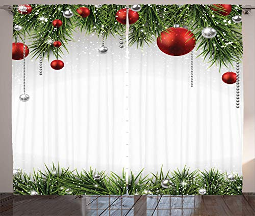 ABAKUHAUS Weihnachten Rustikaler Gardine, Baum Balls Ornamente, Schlafzimmer Kräuselband Vorhang mit Schlaufen und Haken, 280 x 225 cm, Weiß Grün Rot