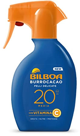 Bilboa Burrocacao Spray Solare Trigger SPF 20, Protezione Solare Media per Pelli Sensibili, Formula con Vitamina C, Idrata, Nutre e Protegge, Dermatologicamente Testato, 250 ml
