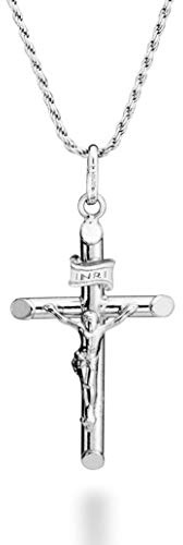 Miabella Rhodium Plated 925 Sterling Silver Small or Large Crucifix Necklace for Men Women, Cross Pendant with Rope Chain, Made in Italy (Small, Length 18 Inches)
