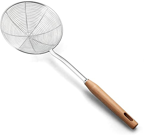 Colino a ragno, cucchiai per schiumarola, 16,3 cm, mestolo per cucinare e friggere, utensili da cucina, cucchiaio con manico in legno, cucchiaio scanalato in filo metallico per cucina