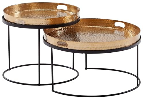 FineBuy Couchtisch 2er Set Metall Gold mit Tablett, Satztisch Rund | Tabletttische in Hammerschlag-Optik, Sofatisch Set handgefertigt, abnehmbare Platte als Serviertablett nutzbar