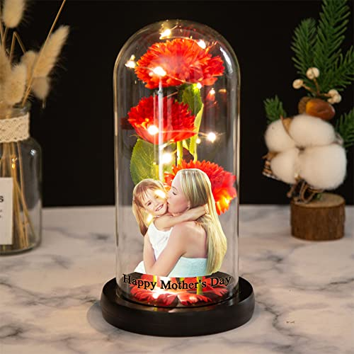 Collienght Personalisiertes Foto Künstliche Nelke in Glaskuppel Geschenke für Frauen Blume mit LED-Licht Blumenlampe(Rosa)