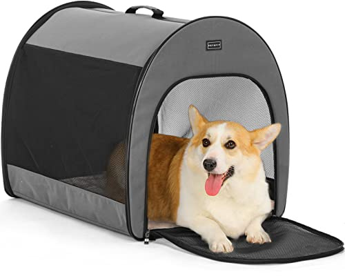 Petsfit Hundebox faltbar, tragbare & Atmungsaktive Hundebox für Zuhause mit Gewölbtem Design, Zimmerkennel Hund Hundeschlafbox mit Anti-Offener Reißverschluss und Plüschkissen,M, Grau