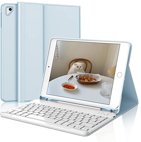 IVEOPPE Teclado iPad 6 Generación 9.7 2018, Funda Teclado QWERTY Español Ñ Bluetooth Magnética Wireless para iPad 6a/5a Gen/Pro 9.7/Air 2/ Air 1, Azul Cielo
