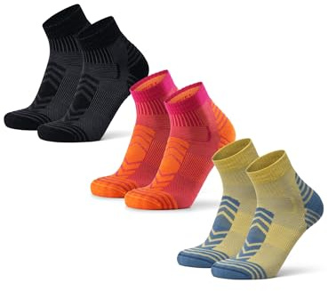 DANISH ENDURANCE Calze Trekking Corte Lana Merino, Calzini Termici Anti-Vesciche, Unisex, 3 Paia, Multicolore (1x Giallo/Grigio Selce, 1x Fucsia/Arancione, 1x Nero), 35-38