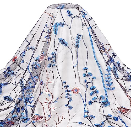 BENECREAT Organza-tyg med broderiblomma, 130 cm/51 bredd, nätspetstyg för gör-det-själv-handgjorda kläder, bröllopsklänning, heminredning, blå 0,1 mm tjock