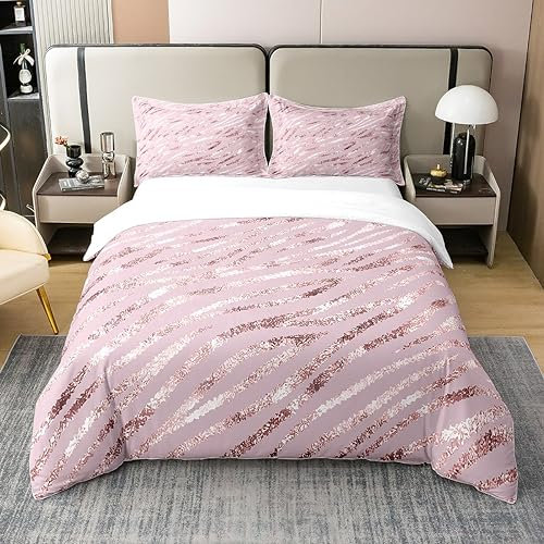 Homewish 100% Organic Cotton Pink Zebra Duvet Cover Single,Rose Gold Bedding Set for Girls Women,Gradient Animal Print Comforter Cover,Ombre Sequins Glitter Bed Sets with 1 Pillowcase Bedroom Decor