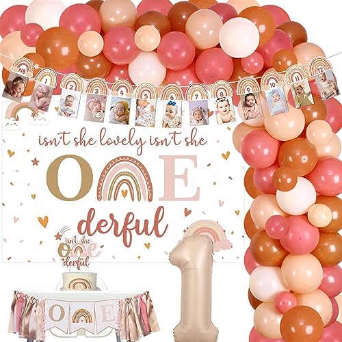 Boho Regenbogen 1. Geburtstag Dekorationen für Mädchen, Isn't She Lovely Isn't She Onederful Hintergrund Kuchen Topper Aprikose Rosa Ballon Girlande Bogen Kit Hochstuhl Banner Foto Banner Nummer 1