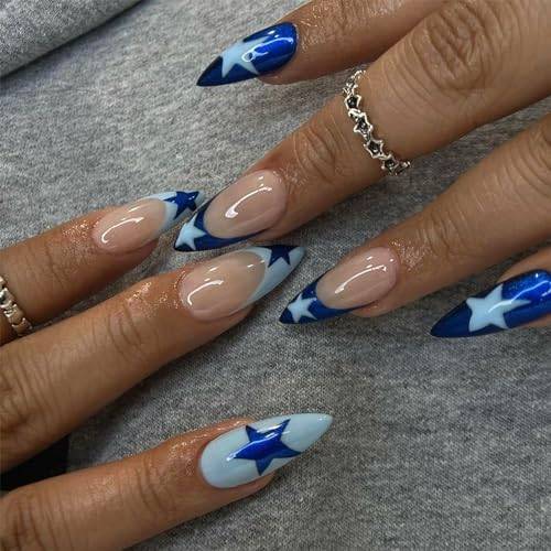 Angwis 24pcs Medium Almond False Nails French Tip Stick on Nails Blue Star Press on Nail Removable Glue-on Acrylic Full Cover Fake Nail Art Accessories for Women