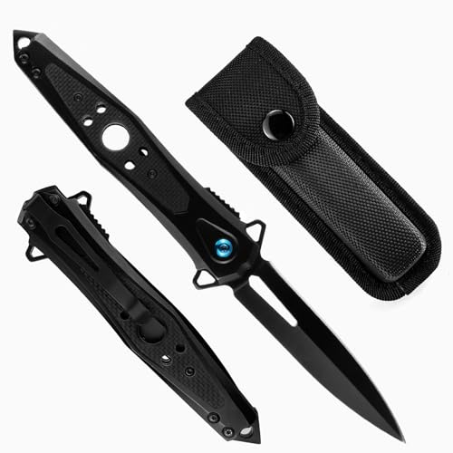 ohmonlyhoo Klappmesser,Einhandmesser mit G10-Griff und Nylonscheide, Taschenmesser mit Taschenclip,für Camping, Wandern, Geschenk für Männer, Schwarz