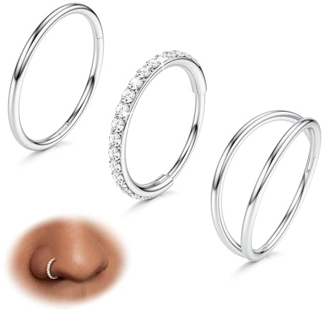 BodyBonita 20G Nose Rings Hoops - 3pcs Double Hoop Nose Ring Hinged CZ Conch Piercing Jewelry Septum Clicker Lip Rings Cartilage Earring Helix Rook 8mm