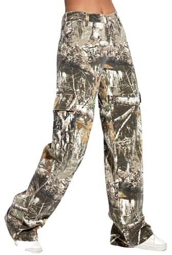 LifeShe Women's Camo Cargo Pants High Waist Baggy Wide Leg Camouflage Army Fatigue Slim Fit Pockets Sweatpants