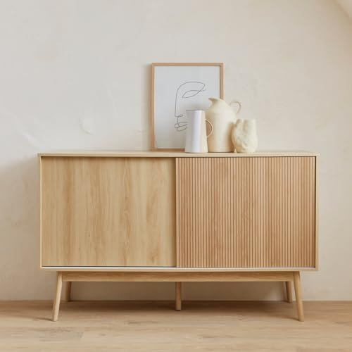 Alice's Home Sideboard mit Naturholzdekor, 2 Schiebetüren, 2 Schubladen, L 150 x B 39,5 x H 90 cm