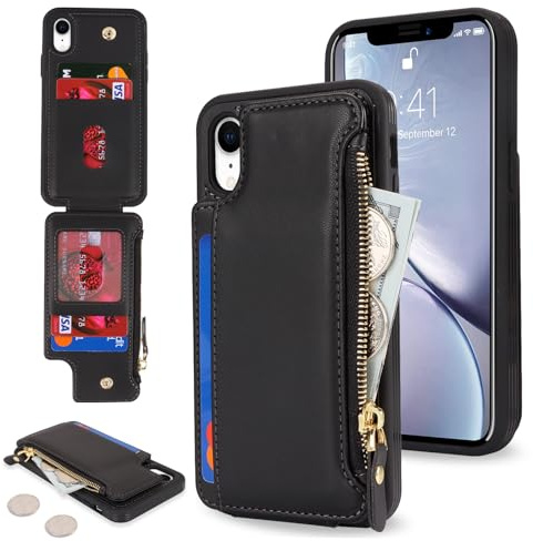 SailorTech Handyhülle für iPhone XR Mit Kartenfach, Kartenhalter und Reißverschluss Geldbörse - Schwarz