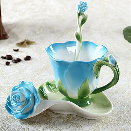 CUNTO Keramik-Kaffeetasse, kreative 3D-Rosenform, Blume, Emaille, Keramik, Kaffee, Teetasse und Untertasse, Löffel-Set, Porzellan, Wassertasse, Tassen