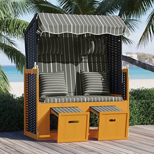 Generisch Fußbank Strandstuhl Verstellbare Rückenlehne XXL für 2 Personen Gartenliege Deckchair PE Geflecht Strandstühle Rattan Garten Wintergarten Terrasse Grau und Weiß