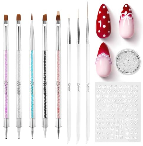 Beetles Nail Art Brushes 8pcs – Crystal Nail Art Tools 5pcs Double-headed Nails Dotting Tool, 3pcs Striping Liner Brushes for Nails with Pearls Bowknot Stickers, DIY Home Salon Manicure Design Tools