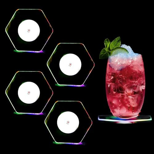 Lot de 4 dessous de verre lumineux à LED pour verres, convient pour bouteilles de vin, fêtes, bars, banquets