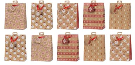 Laro Premium Line Geschenktüten Weihnachten/Kraftpapier/Braun/Rot 10/20/40/100stk Größe: H23x B18x T10x cm Medium, Anzahl:100, Muster Tüten:Weihnachten Kraftpapier Braun Rot