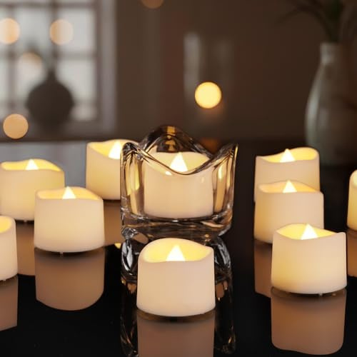 AMAGIC Lot de 24 fausses bougies chauffe-plat LED électriques à piles sans flamme pour décoration de table de mariage, fête des mères, fête d'anniversaire