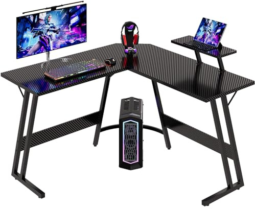 Devoko 120 x 120 cm Scrivania Gaming Angolare, Scrivania Angolare con Supporto per Monitor per Lo Studio, Il Gioco E Il Lavoro, Scrivania Gaming Ergonomica(Carbonio Nero)
