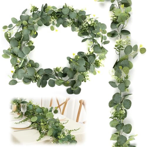 KILDOWS 2 Piezas Guirnaldas de Eucalipto, 180cm Guirnalda de Eucalipto Artificial Planta Artificiales Eucalyptus con Hojas Verdes Flores Blancas para Arco de Bodas Fiestas Mesas de Comedor Decoración