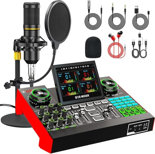 Podcast Microphone Bundle for Live Streaming, Sound Card Audio Interface Mixer w 3.5mm Condenser Mic for Broad Casting with Voice Changer Denoise, Podcast Equipment Bundle for PC/Phone Gaming Singing