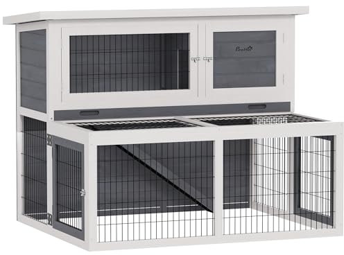PawHut Hasenstall 2 Ebenen mit klappbar Dach Kaninchenstall aus Vollholz Winterfest Doppelstockhaus mit Freilaufgehege 122x95x93,5 cm Kaninchenkäfig Outdoor Kleintierstall für Hasen Kaninchen Grau