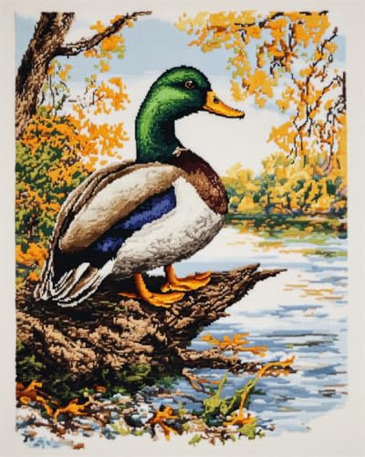 RKFLGEW 14CT Mallard Duck On Pond Cross Stitch Kits for Beginners Animals and Landscapes Counted Fabric Cross Stitching DIY Art Needlecrafts Embroidery Kits with Scissors Accessories 30x40 cm