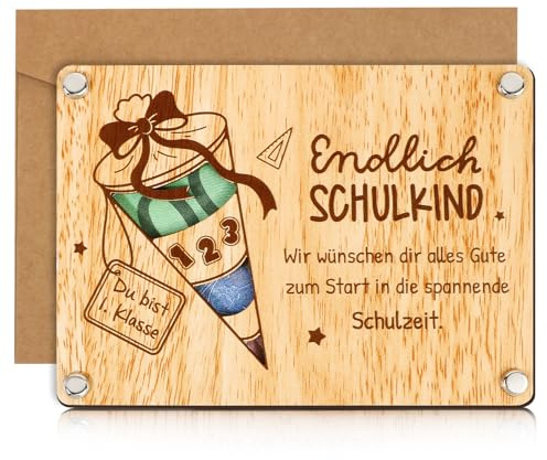 BOFUNX Einschulung Geschenk aus Holz Endlich Schulkind Geldgeschenk Verpackung Schulanfang Geschenke für Jungen Mädchen Schutag Schultüte Füllung Einschulung Party Deko