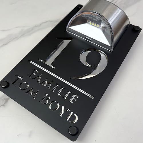 Modern Personalized Solar Address Sign – Laser Cut Acrylic House Number Plaque with Energy-Efficient LED Lighting – Waterproof Custom Door Sign for Home or Office (Matte black & silver mirror)