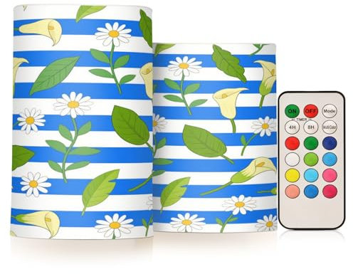 Amooorous Velas parpadeantes decorativas con diseño de lirio de cala a rayas azules y blancas con control remoto, luces electrónicas LED parpadeantes con temporizador para cena, Pascua, funciona con