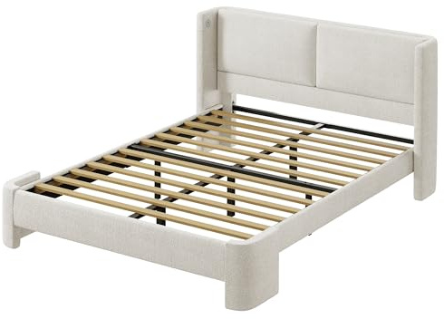 LIKIMIO Queen Bed Frame with Headboard, Upholstered Boucle Platform Bed with USB Ports, Base Camas Queen No Box Spring Needed, Cream White