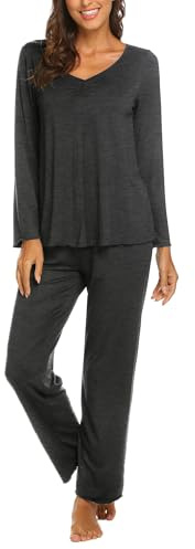 Ekouaer Schlafanzug Damen Lang Pyjama Set Kuschelig Nachtwäsche Zweiteiler Herbst Schlafanzüge Langarm Hausanzug Dunkelgrau XXL