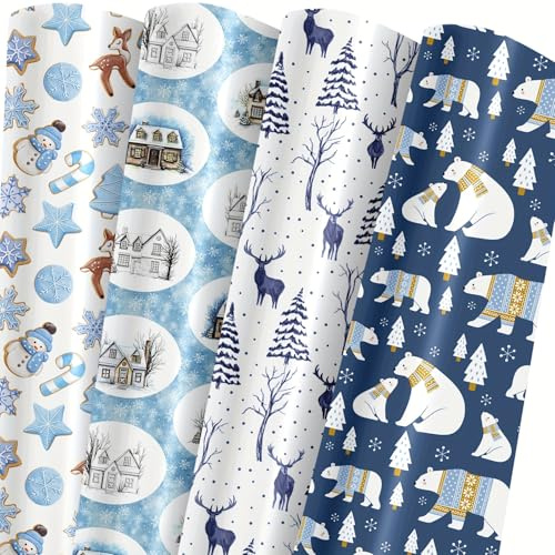 Lyroiphic Blaues Geschenkpapier Weihnachten Set – Niedlichen Eisbären, Schneemännern, Schneeflocken und Rentieren | Weihnachtspapier für Geschenke & Basteln | 8 Bögen Gefaltet