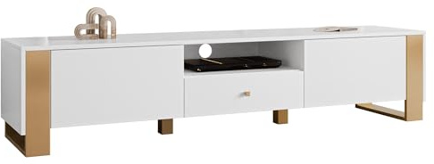 Mirjan24 TV-Lowboard Loutio 2K1SZ mit 2 Türen, Schublade und offenem Fach, Fernsehschrank mit goldenen Details, TV-Kommode mit geometrischem Muster, TV-Sideboard (Weiß)