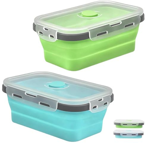 Shwdsy 2 Stück Faltbare Brotdose, 1200 ml Silikon Lunchbox mit Deckel | mit Deckel und Entlüftungsventil, Platzsparend Zusammenklappbar für Zuhause, Schule, Büro und Camping