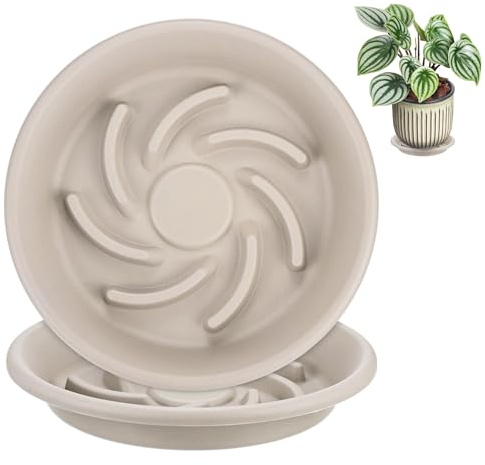M METERXITY 2-Pack Plant Saucers, 5.5 Inch 14cm ID Anti-Rot Root Resin Flower Pot Plant Saucers for Indoor/Outdoor, Flowerpot Drip Tray [7.1 Inch OD, Gray White]