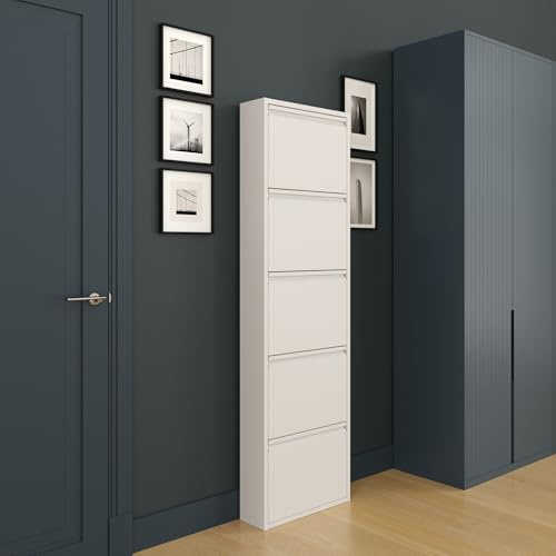 furni24 Schuhschrank, 5 Klappen, Metall, 10–14 Paar, wandmontierbar, vormontiert – Weiß