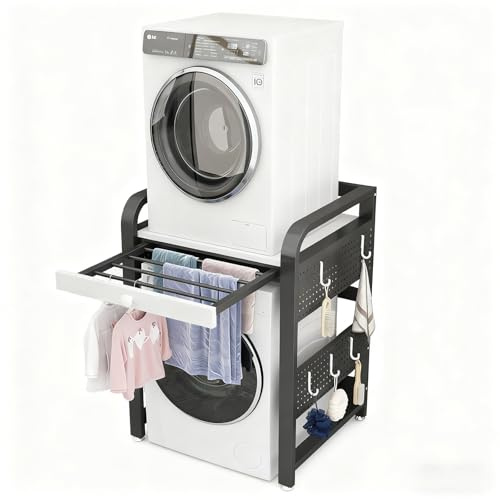 Soporte Secadora Sobre Lavadora Kit Union Lavadora Secadora Con Panel Perforado Y Percha Retráctil Capacidad De Carga 200 Kg Ideal Para Lavanderías Apartamentos Dormitorios Y Balc BlackFrame+WhiteTop