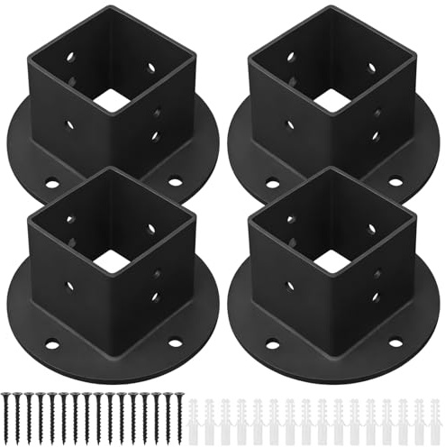 4 Pcs Deck Fence Rail Floor Mount Brackets, 2 x 2 in Square Post Flange Base Anchor, Heavy Duty Metal Black Post Brackets for Decking, Railing, Fencing