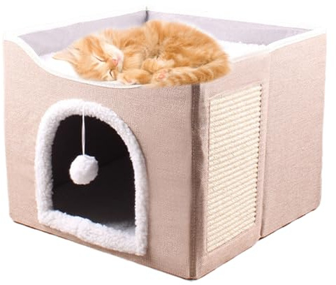 Hopfällbart katttält – kattungesäng | 41 x 41 x 35 cm varm kattbädd för inomhusstöd, ullfodrad kattviloplats med bärbar design, husdjursmöbler, grottkudde för hemkomfort