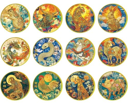 HiyyFloy Lot de 12 Pièces Porte-Bonheur Chinoises, Pièces Commémoratives des Douze Signes du Zodiaque Chinois, Collection De Pièces Anciennes, Cadeaux Souvenirs De Bénédiction du Zodiaque Lunaire