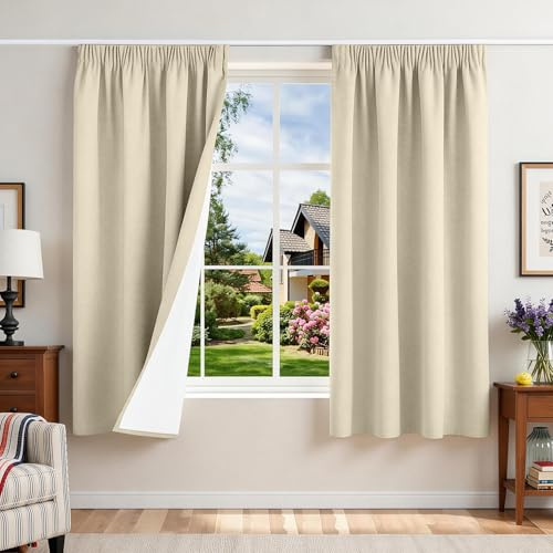 Runyéla 100% Blickdichte Vorhänge mit Kräuselband Leinenoptik Verdunklungsvorhänge 145H x 140B x 2 Beigegrau Gardinen Thermovorhänge Kälteschutz Wohnzimmer Blackout Curtain