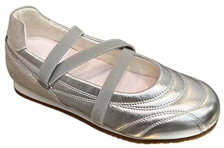 RYLENDOR Mary Jane Sneakers for Women Sneakerina Elastic Cross Strap Ballet Shoes Low Profile Sporty Stitch Lightweight Ballerina, Silver, 7