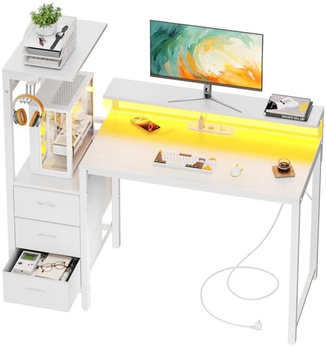SOLAVERO Escritorio Gaming con LED y Enchufe Integrado, 112cm Mesa Gaming Reversible con Estanteria & Cajones de Tela, Mesa Ordenador con Soporte para Monitor y Gancho para Auriculares, Blanco